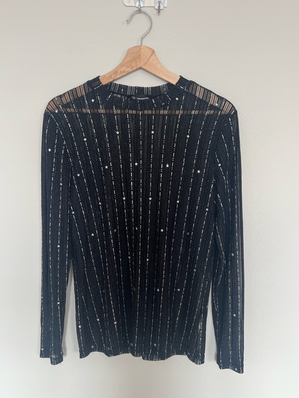 Whimsigoth Black Mesh Star Sheer Long Sleeve Top Celestial Grunge Size Large